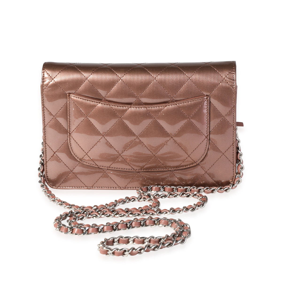 Chanel Bronze Vertical Stripe Quilted Patent Leather Wallet On Chain