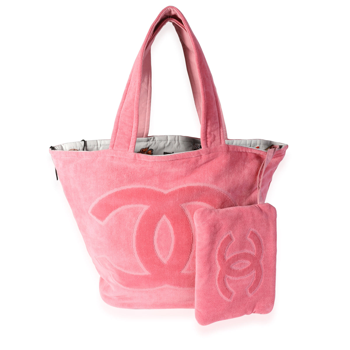 Chanel Pink and White CC Terrycloth Bag and Beach Towel Set SHW