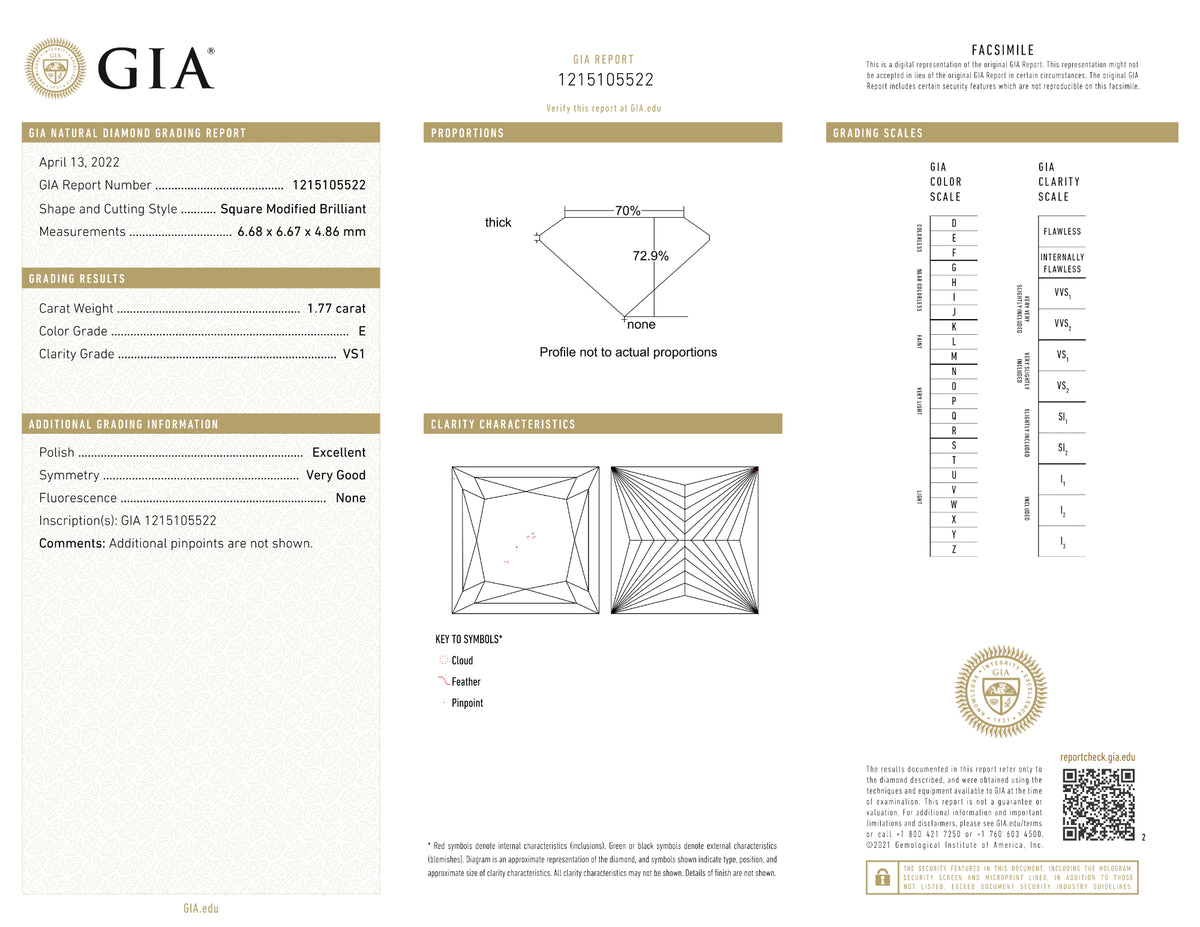 GIA Certified 1.77 Ct Princess cut E VS1 Loose Diamond