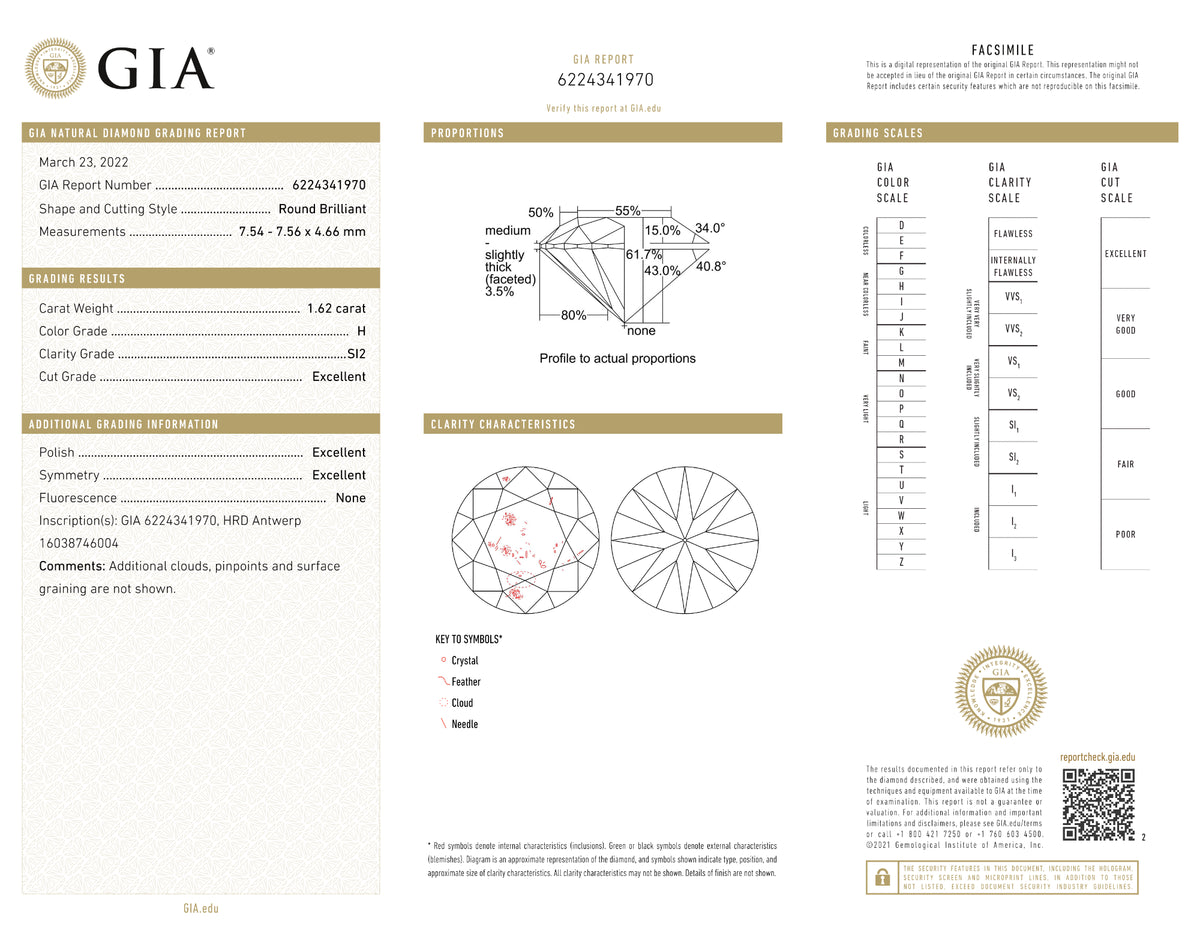 GIA Certified 1.62 Ct Round cut H SI2 Loose Diamond