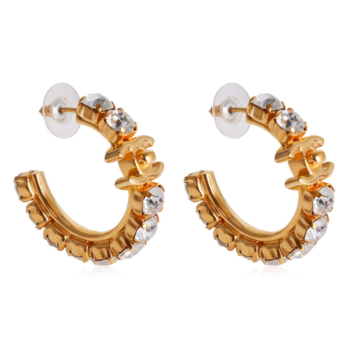 Chanel CC Gold Tone Hoop Earrings with Strass