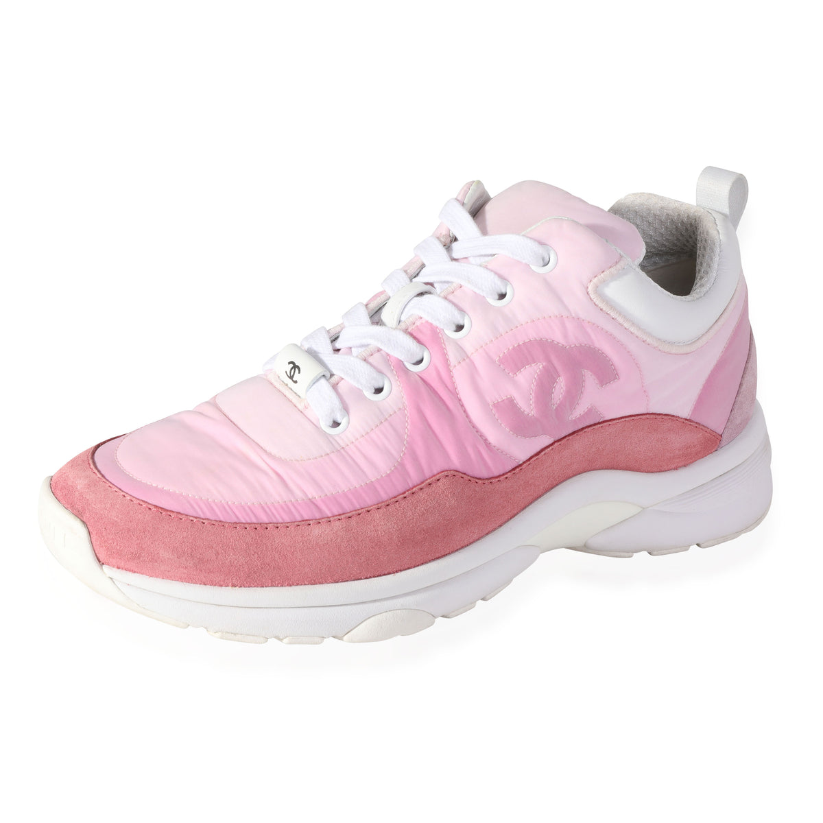 CHANEL Nylon Lambskin Suede Calfskin CC Sneakers 36 Pink Green 647923