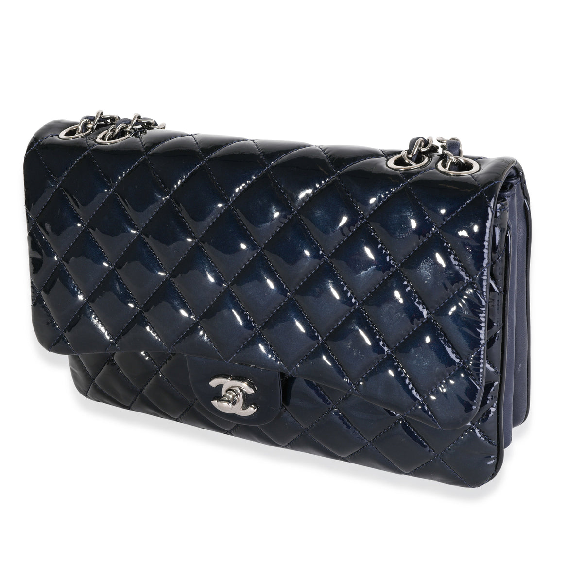 Chanel Navy Quilted Patent Leather Accordion Flap Bag