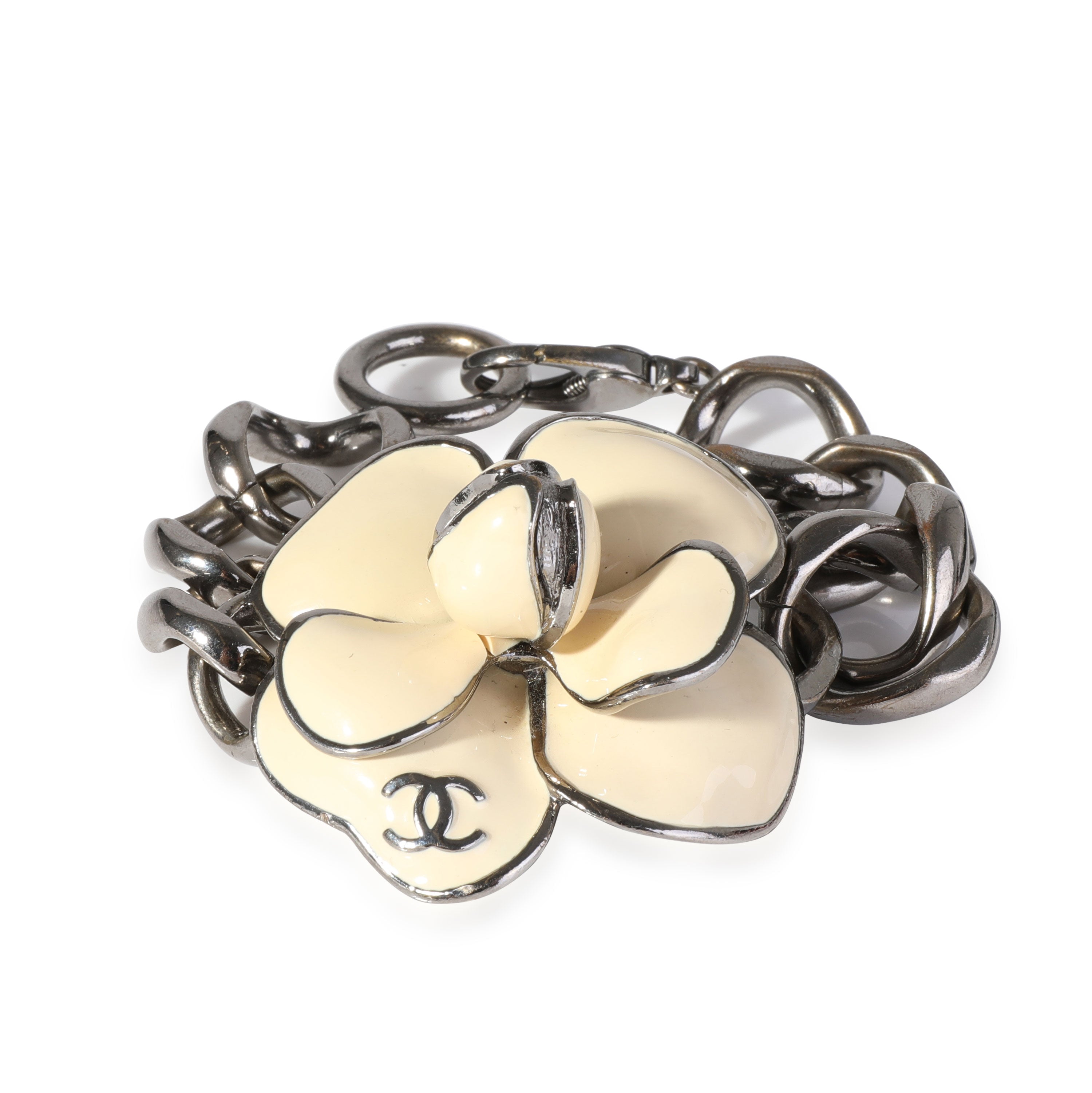 Chanel Blackened Metal Large Camellia Flower Bracelet