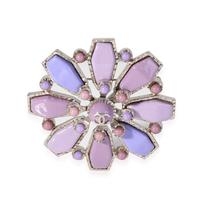 Chanel Silver Tone CC Brooch with Purple Resin