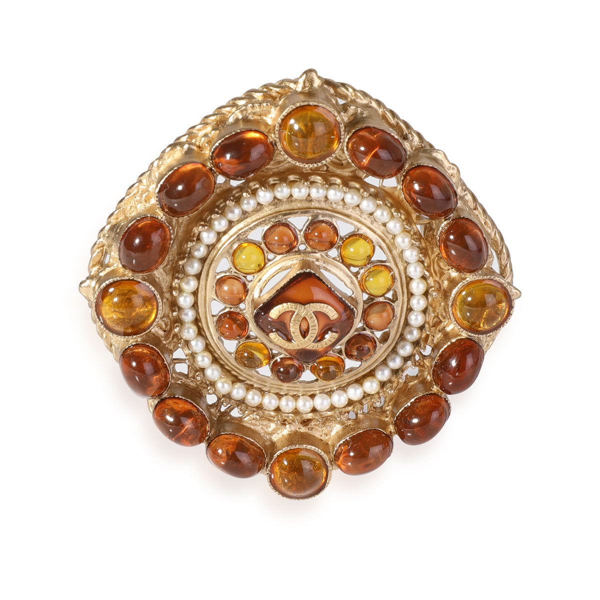 Chanel Gold Tone CC Brooch with Orange Resin