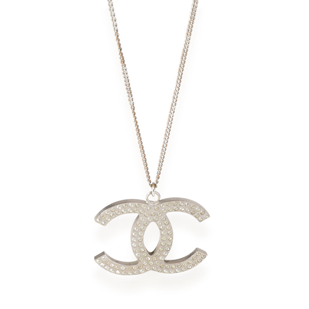 Chanel Silver Tone CC Pendant with Strass