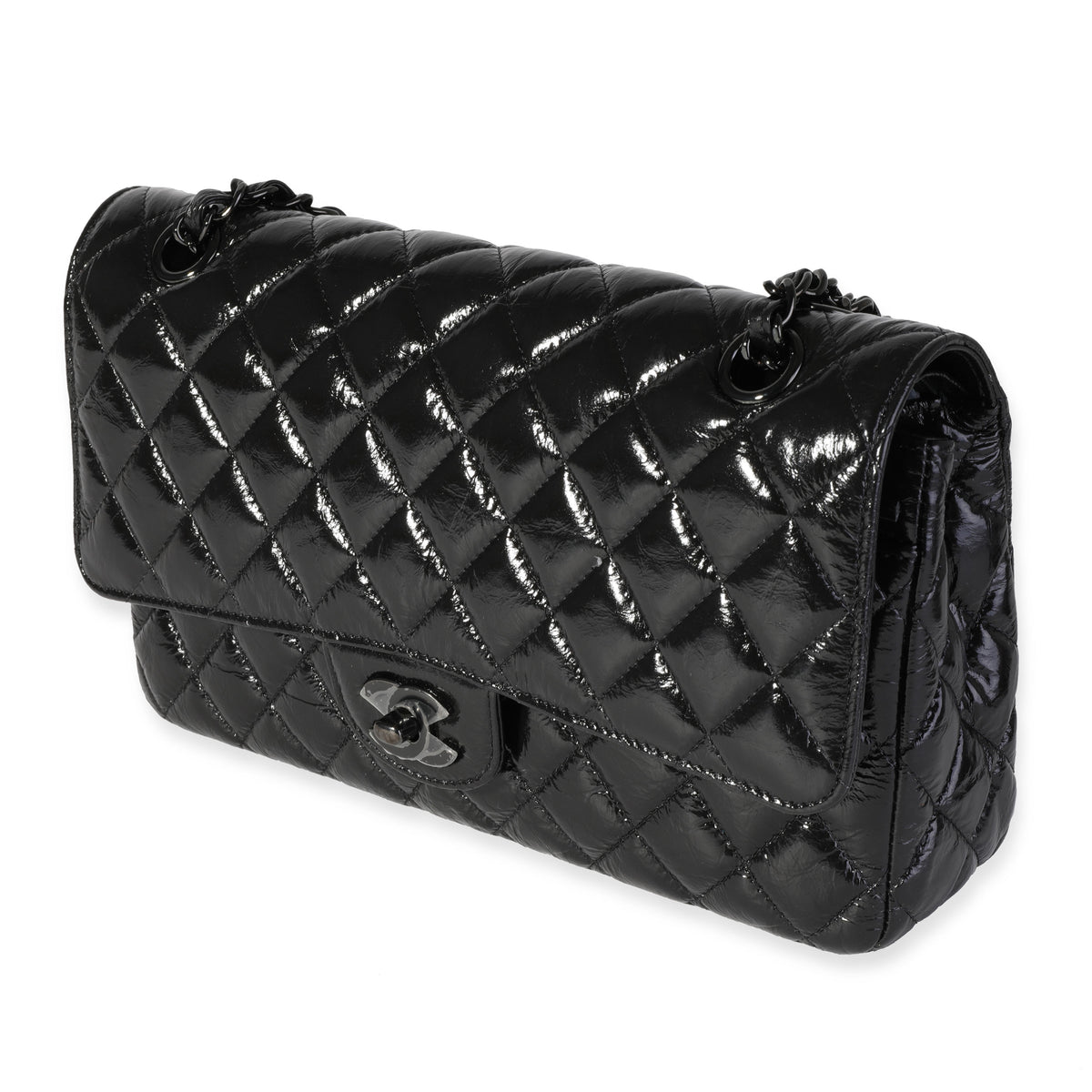 Chanel So Black Patent Crumpled Calfskin Medium Classic Double Flap Bag