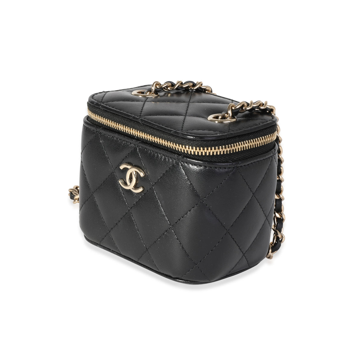 CHANEL Lambskin Quilted Round Mini Vanity Case With Chain Black
