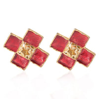 Gold Tone YSL by Robert Goossens Vintage Red Enamel Cross Earrings