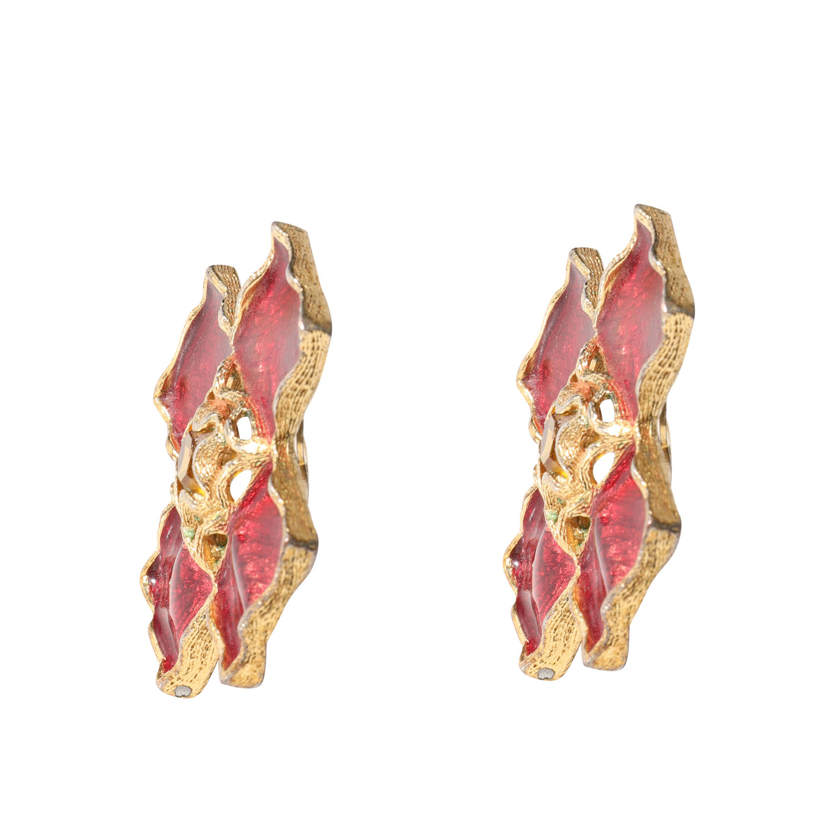 Gold Tone YSL by Robert Goossens Vintage Red Enamel Cross Earrings