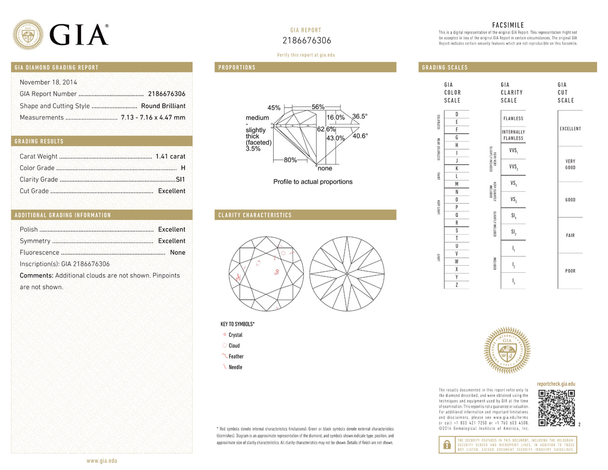 GIA Certified 1.41 Ct Round cut H SI1 Loose Diamond