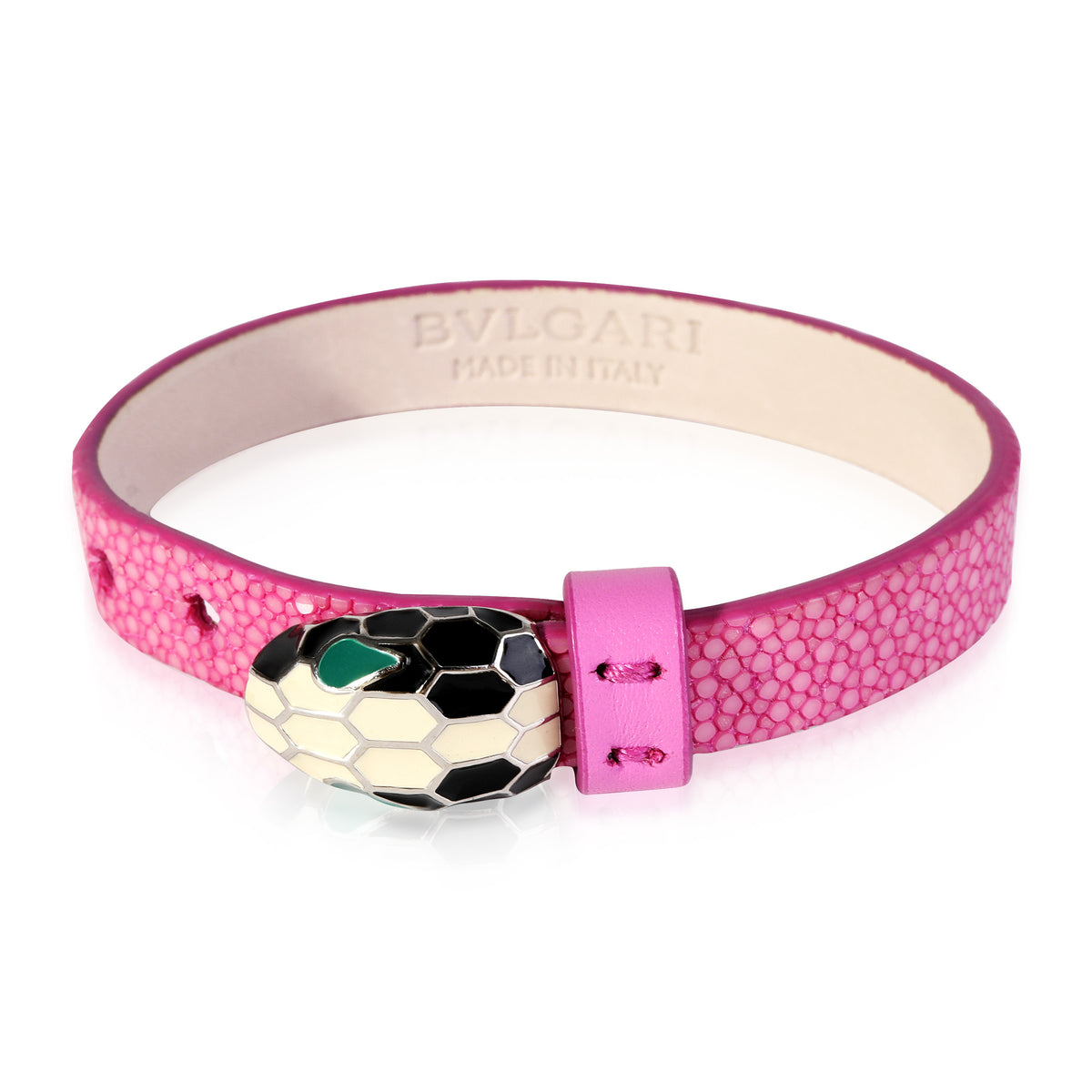 Silver Tone Bvlgari Serpenti Forever Bracelet On Pink Leather
