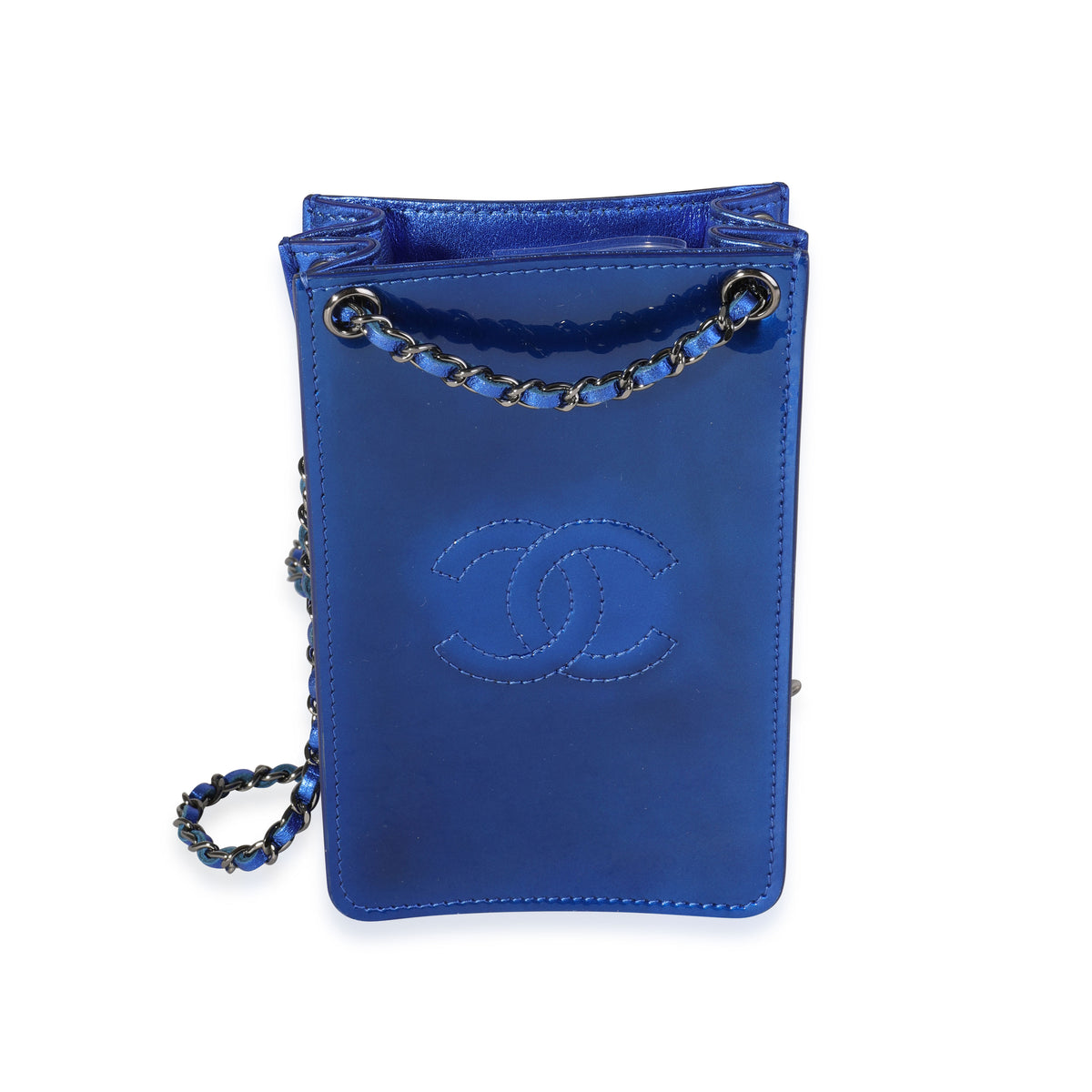 Chanel Metallic Blue Patent Leather CC O-Phone Holder Crossbody