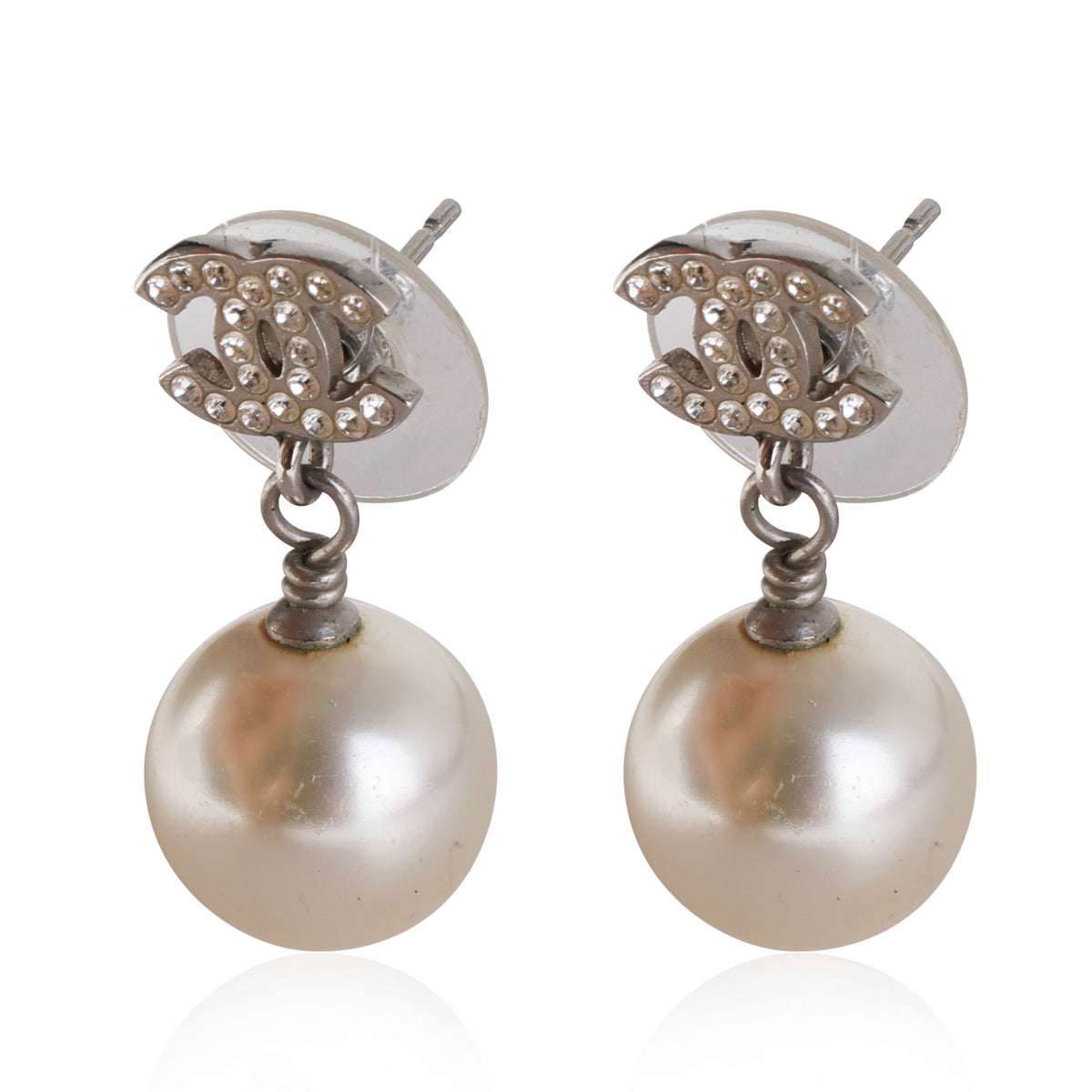 White Metal Chanel CC Strass & Faux Pearl Drop Earring