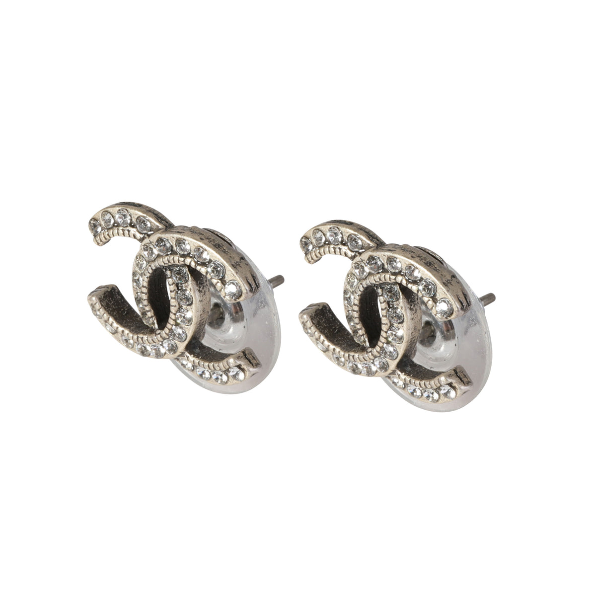 White Metal Chanel CC Strass Stud Earring