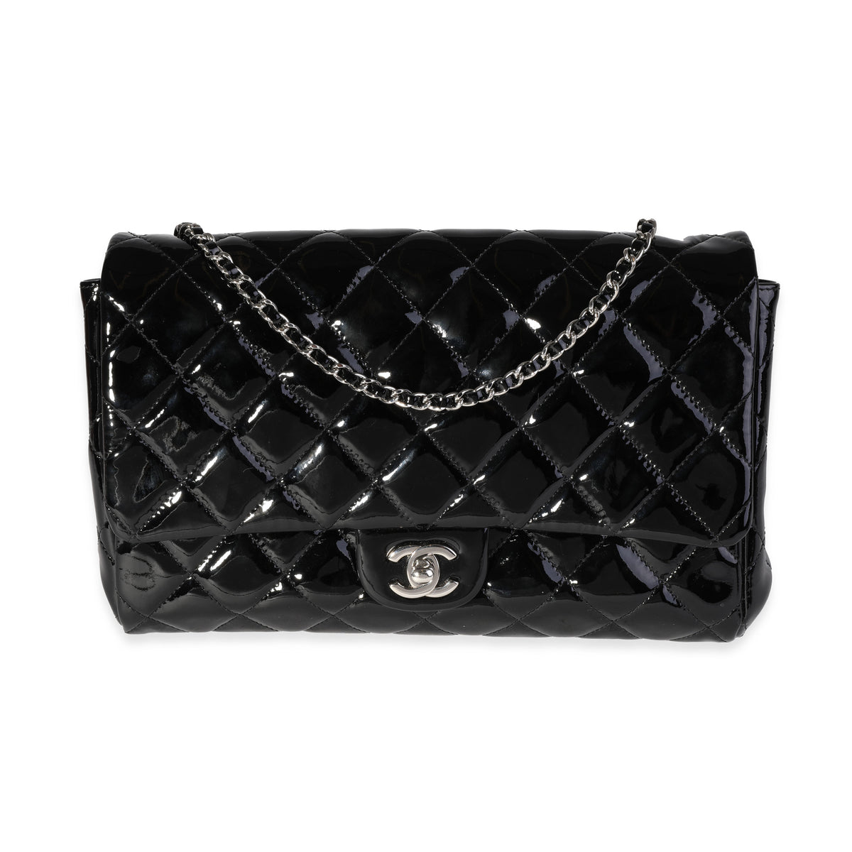 Chanel Black Quilted Patent Leather Classic Flap Clutch with Chain