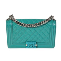 Chanel Teal Quilted Patent Leather & Plexi Old Medium Boy Bag