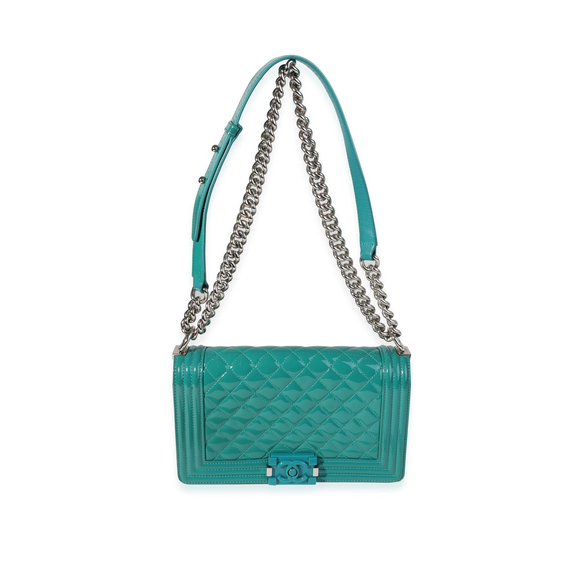 Chanel Teal Quilted Patent Leather & Plexi Old Medium Boy Bag