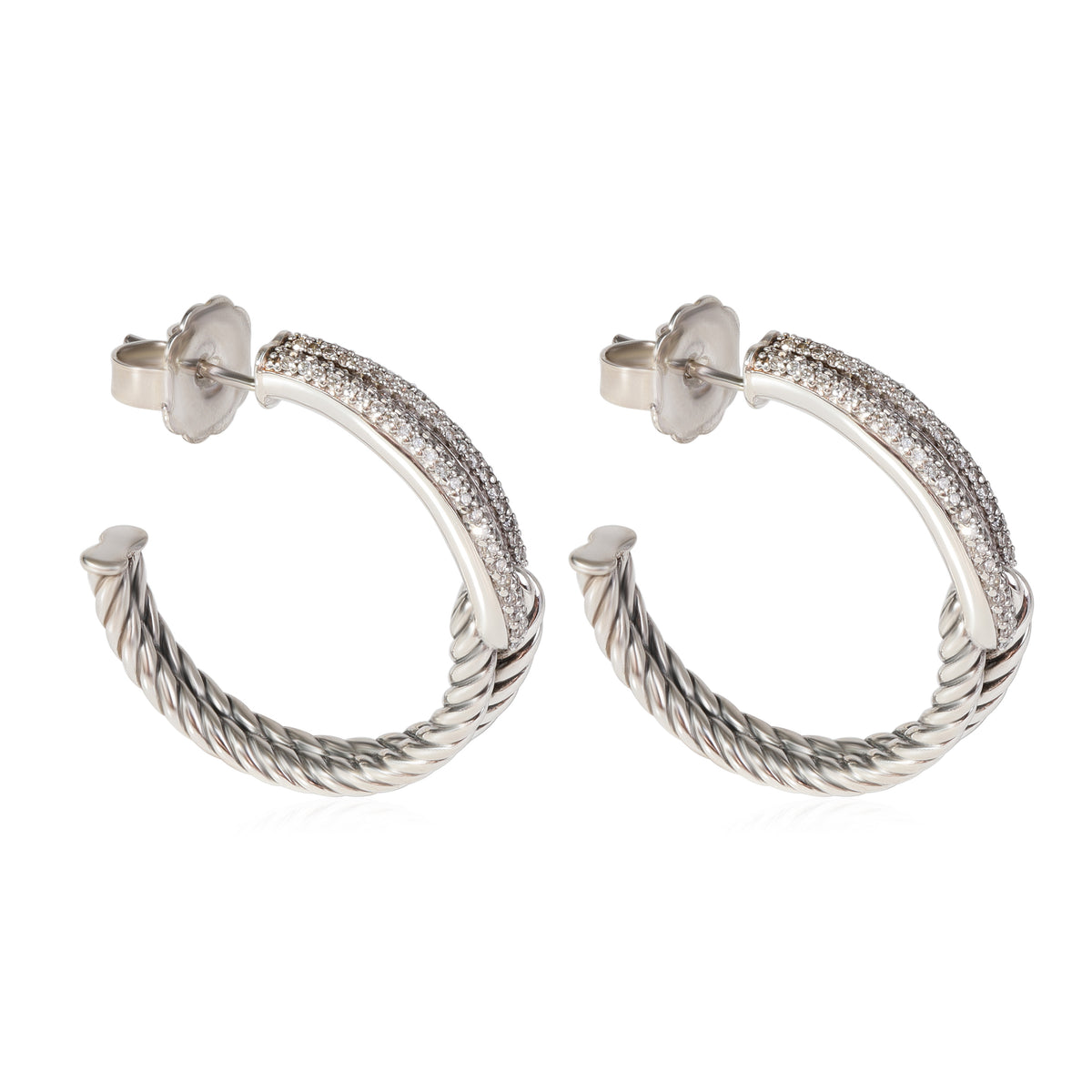 David Yurman Single Loop Labyrinth Diamond Earrings in Sterling Silver 0.43 CTW