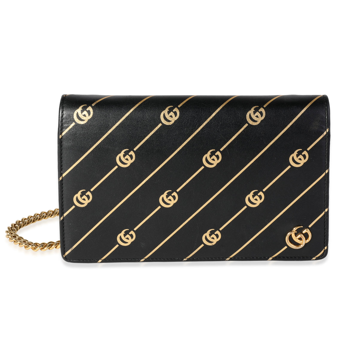 Gucci Black & Gold Calfskin Diagonal GG Mini Chain Wallet