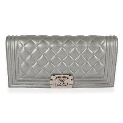 Chanel Metallic Silver Quilted Lambskin Boy Clutch