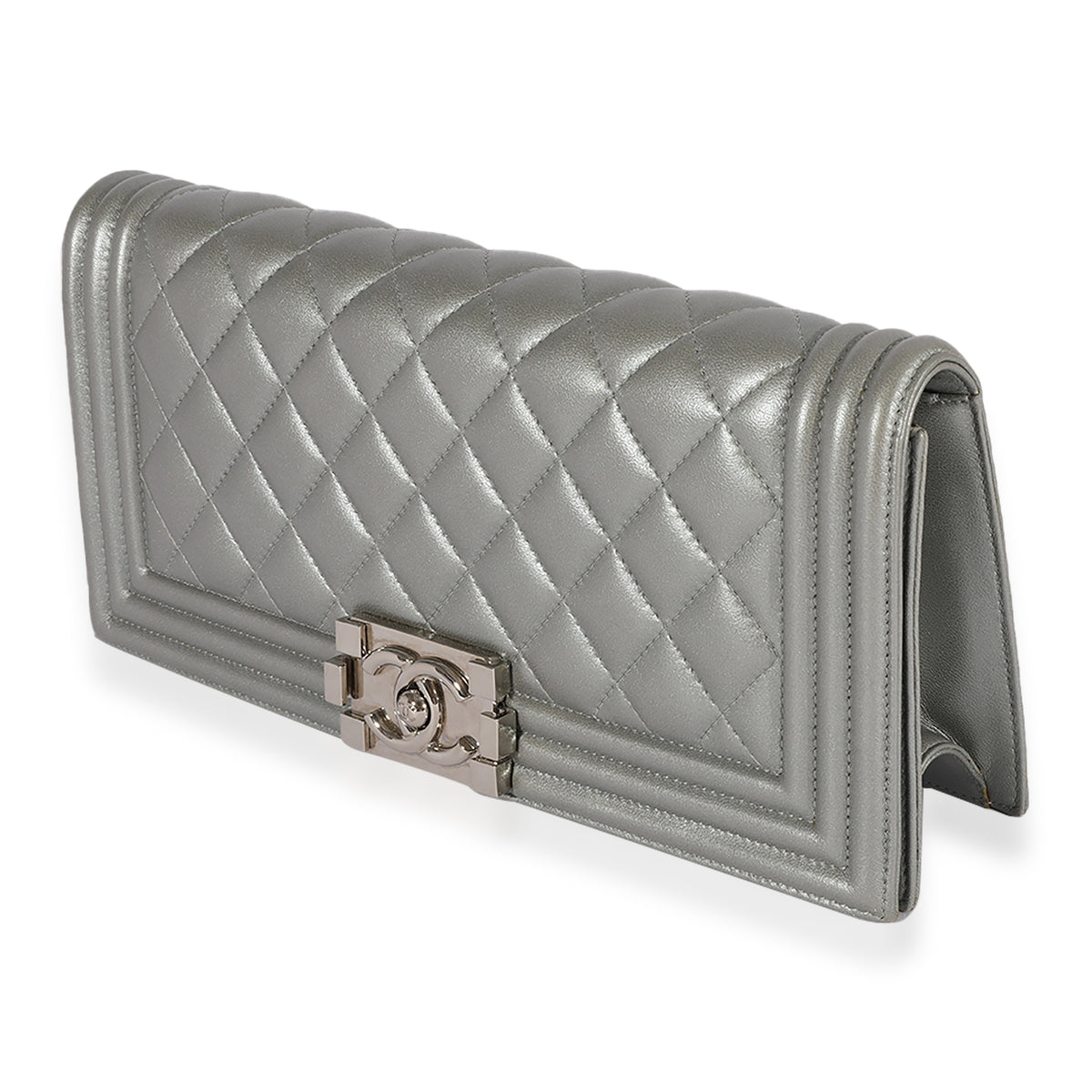 Chanel Metallic Silver Quilted Lambskin Boy Clutch