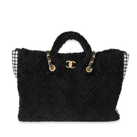 Chanel Black Shearling & Houndstooth Boucle Shopper Tote