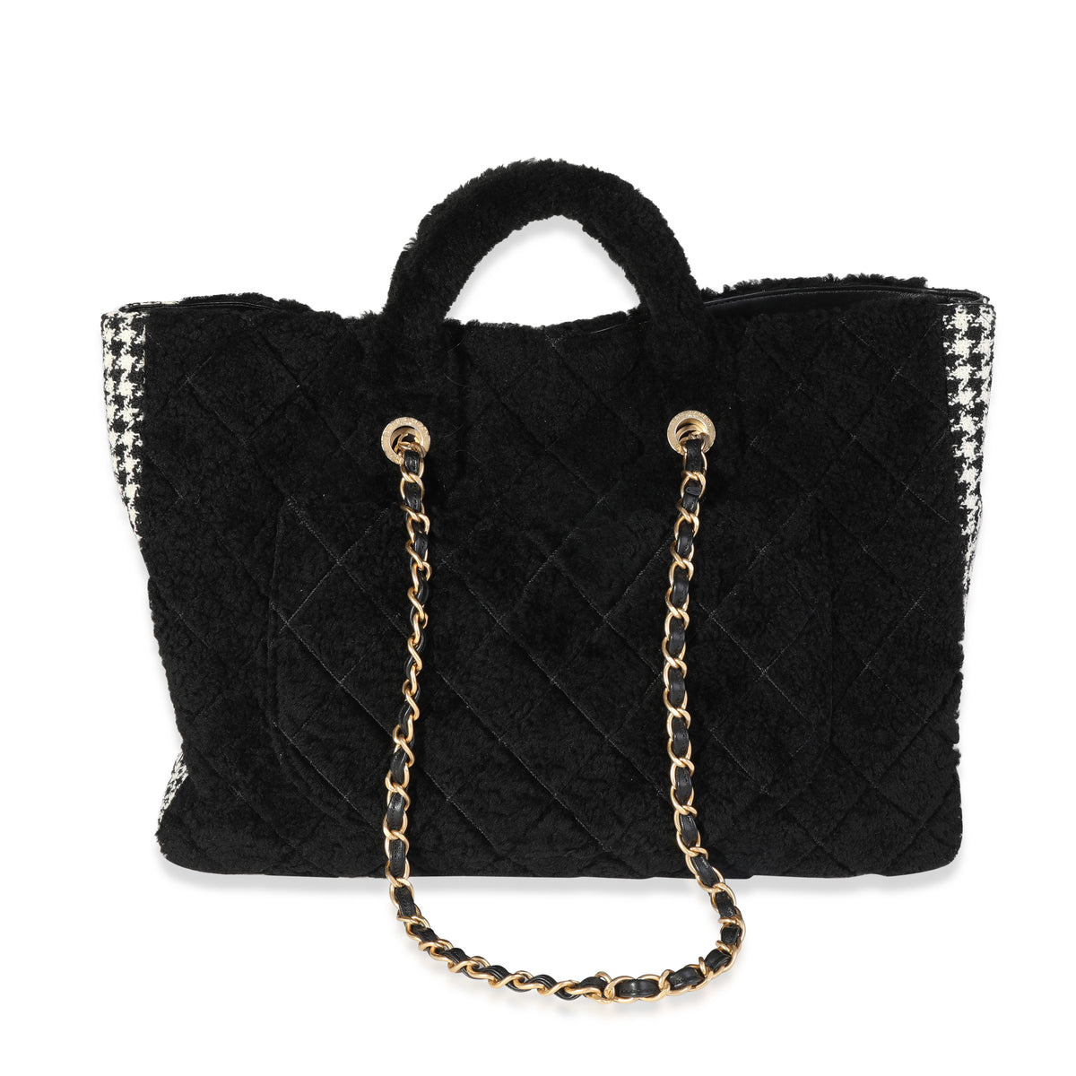 Chanel Black Shearling & Houndstooth Boucle Shopper Tote