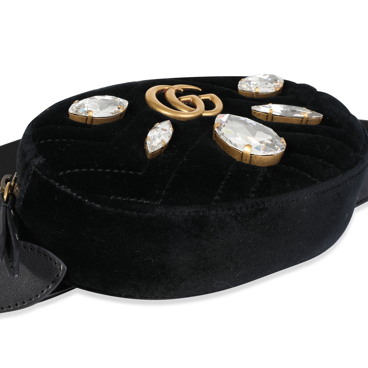 Gucci Black Crystal Matelassé Velvet GG Marmont Belt Bag 85