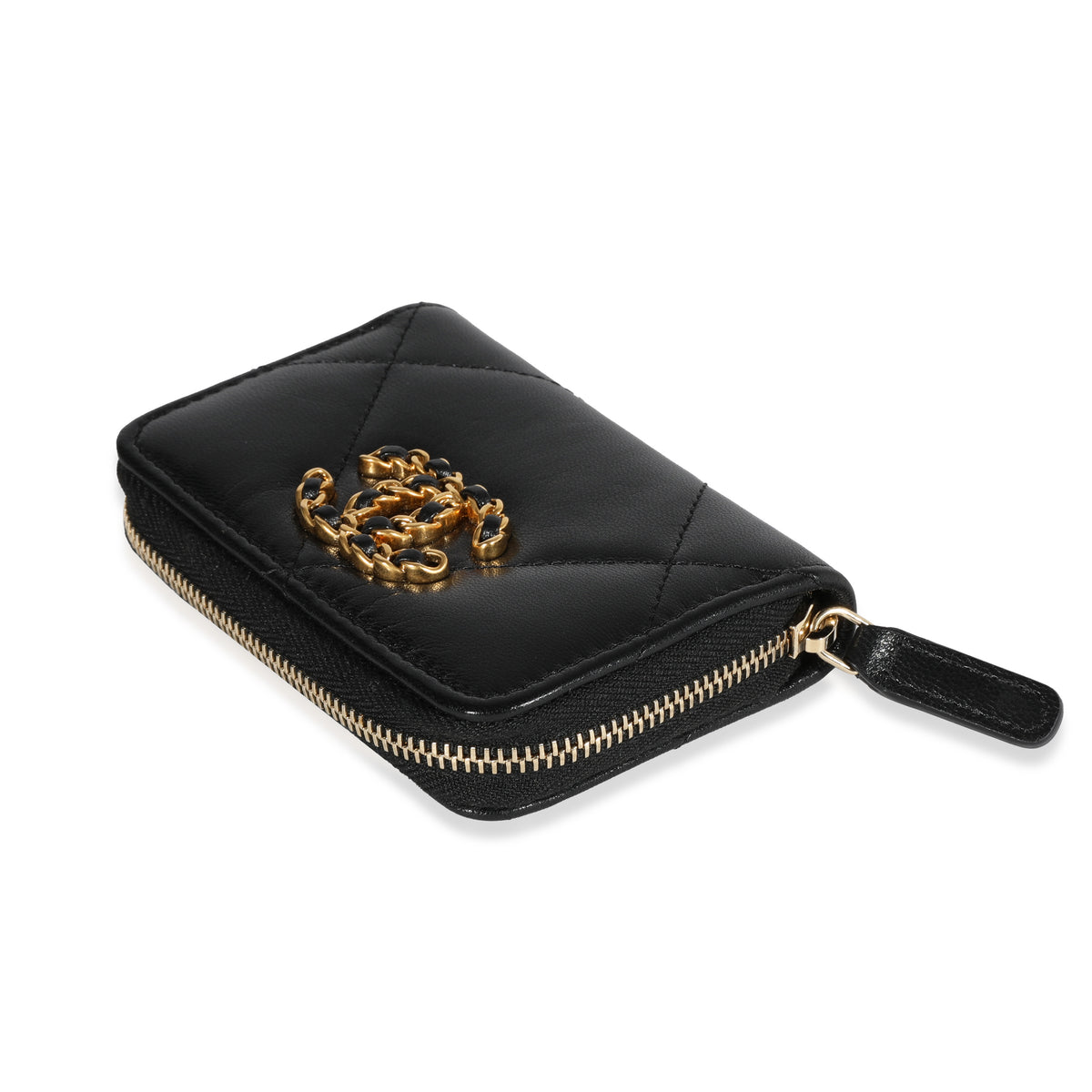 Zipped coin purse - Lambskin, resin & gold-tone metal, black — Fashion