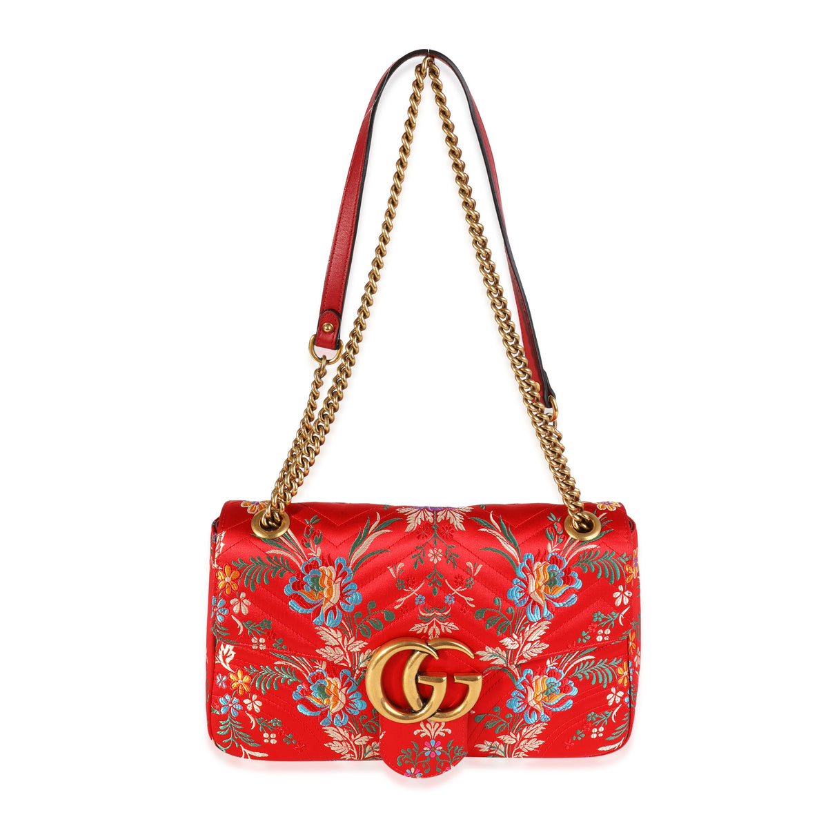 Gucci Red Floral Silk Matelassé Medium Marmont Bag myGemma