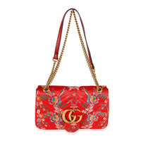 Gucci Red Floral Silk Matelassé Medium Marmont Bag