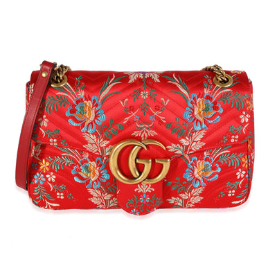 Gucci Red Floral Silk Matelassé Medium Marmont Bag