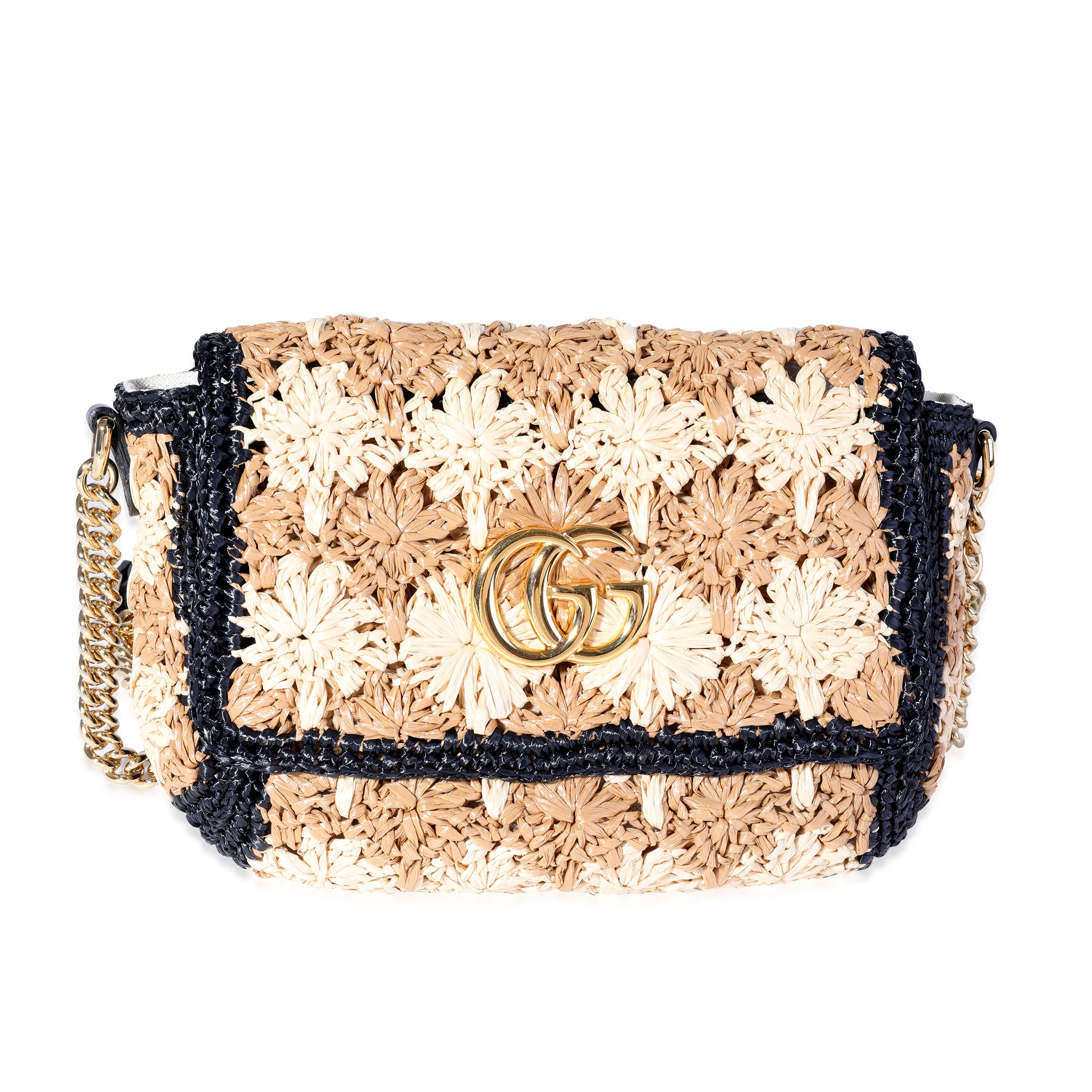 Gucci Natural & Black Raffia Small Marmont Shoulder Bag | myGemma