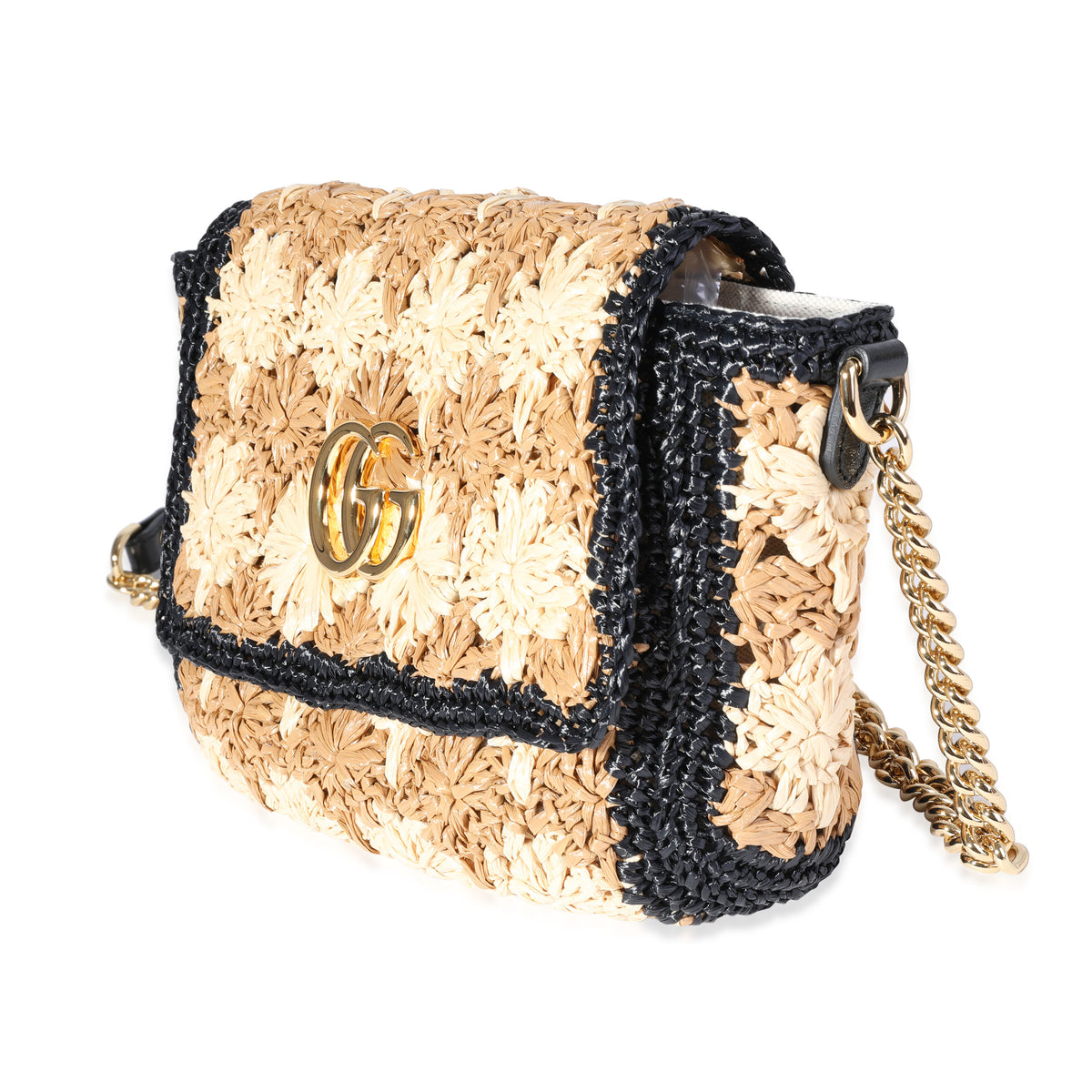 Gucci Natural & Black Raffia Small Marmont Shoulder Bag