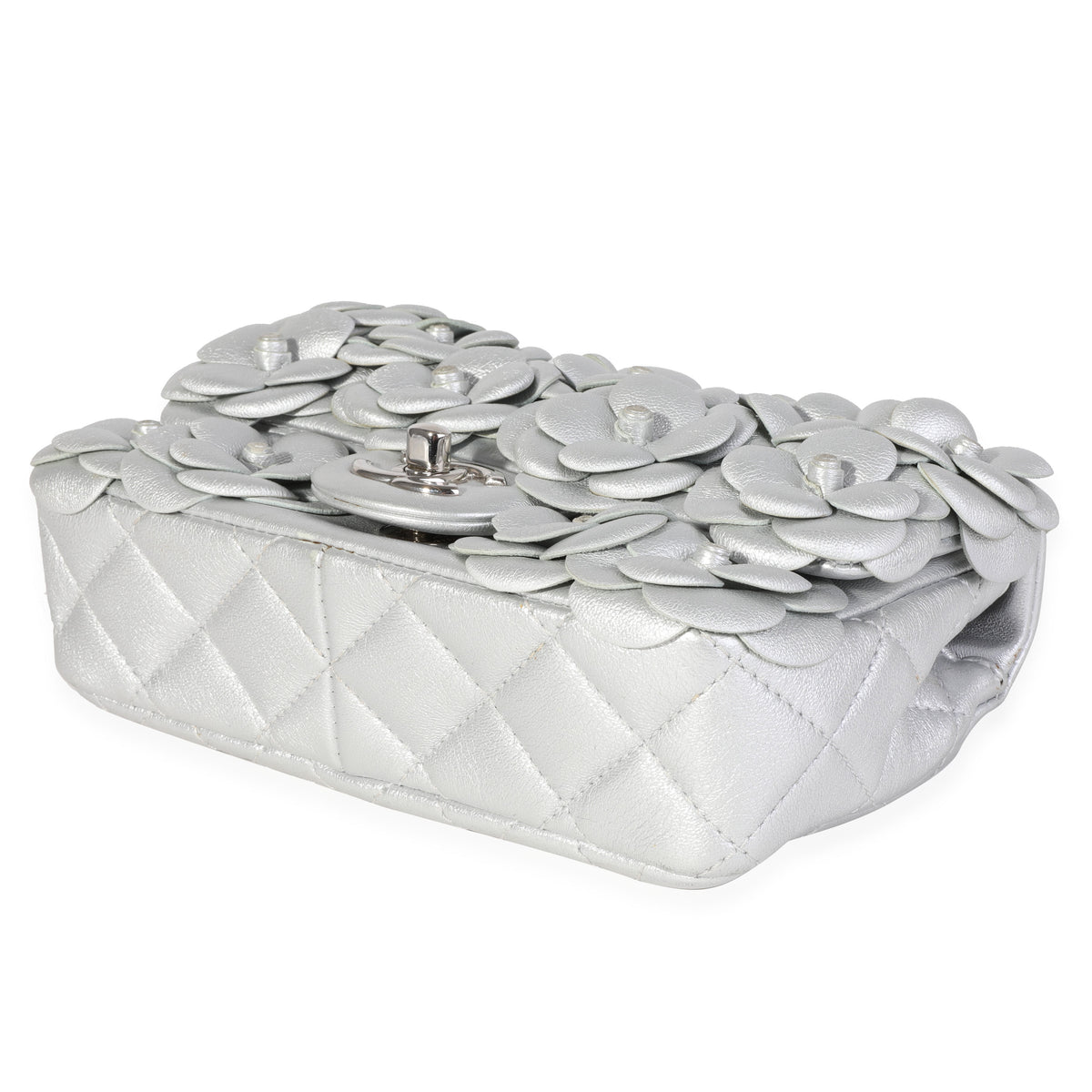 Chanel Silver Quilted Leather Camellia Mini Rectangular Flap Bag
