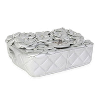 Chanel Silver Quilted Leather Camellia Mini Rectangular Flap Bag