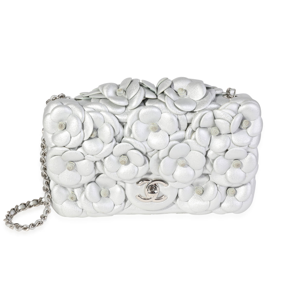 Chanel Silver Quilted Leather Camellia Mini Rectangular Flap Bag, myGemma