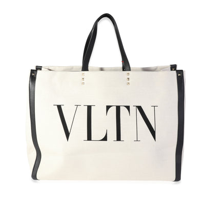 Valentino Natural Canvas & Black Leather VLTN Large Tote