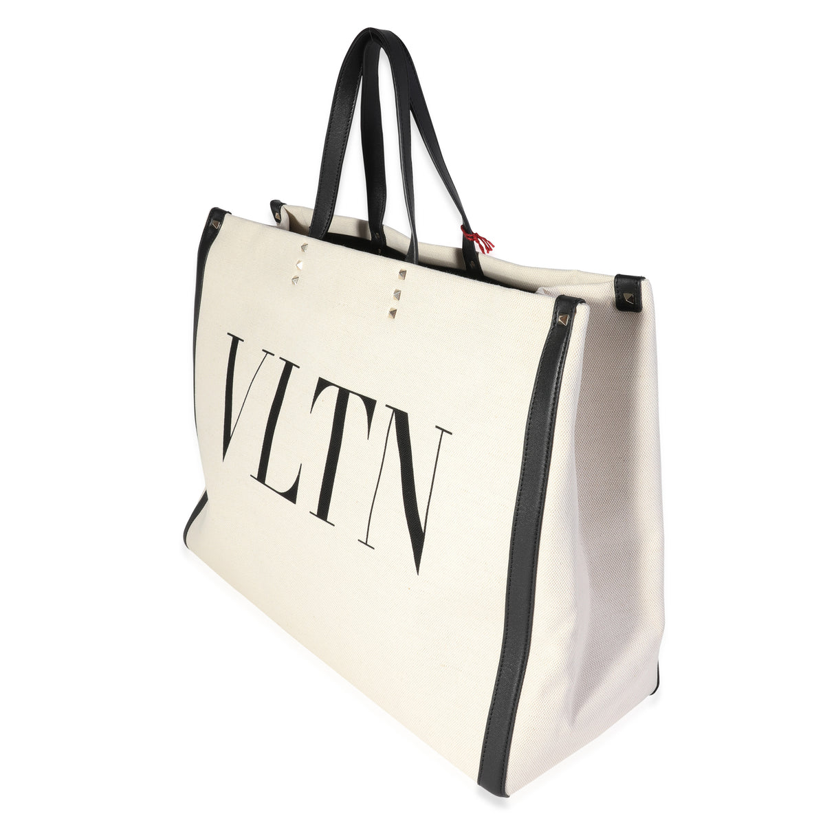 Valentino Natural Canvas & Black Leather VLTN Large Tote