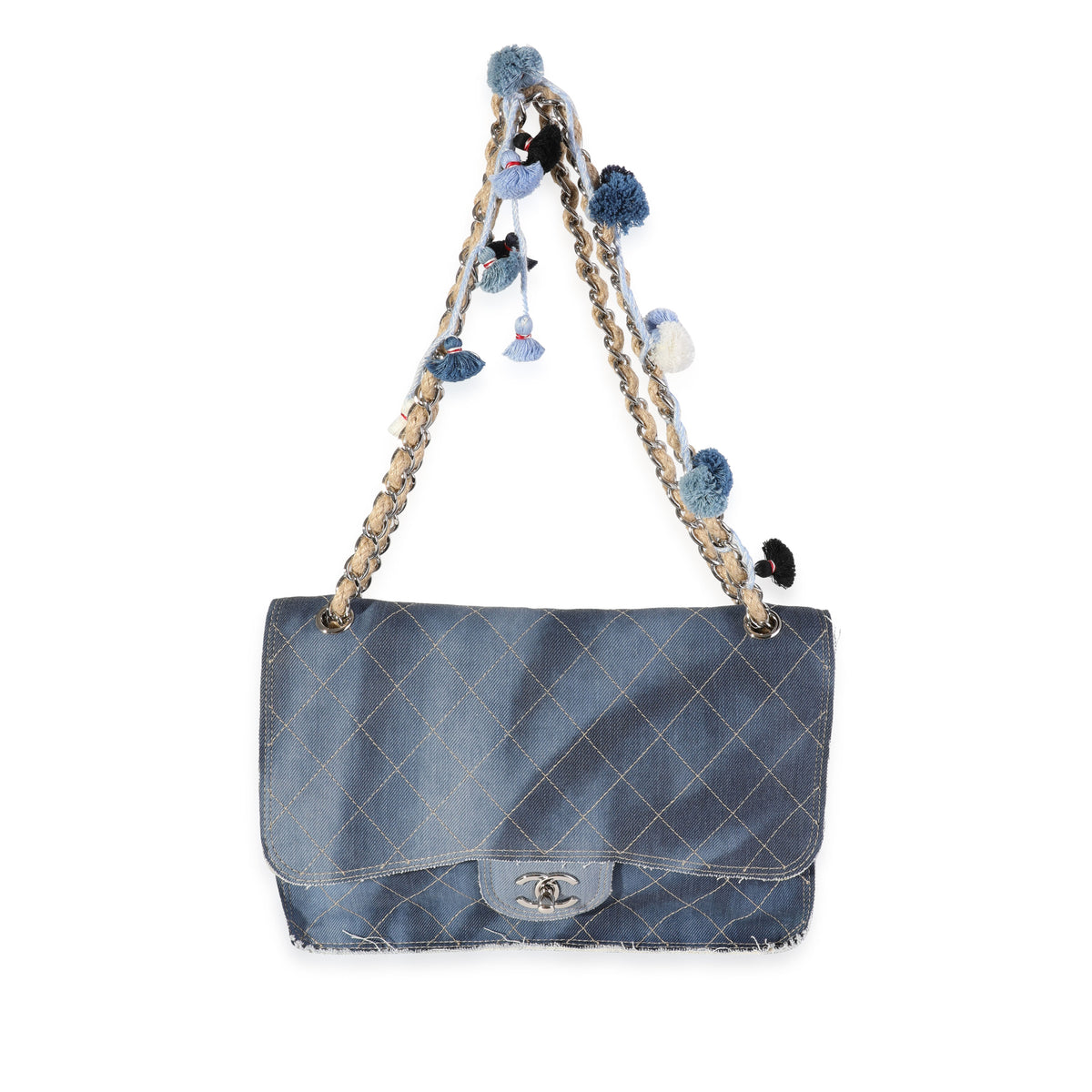 Chanel Blue Stitched Denim Jumbo Pom Pom Single Flap Bag