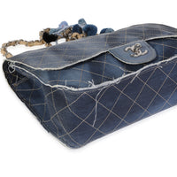 Chanel Blue Stitched Denim Jumbo Pom Pom Single Flap Bag