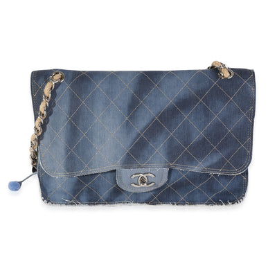 Chanel Blue Stitched Denim Jumbo Pom Pom Single Flap Bag