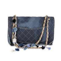 Chanel Blue Stitched Denim Jumbo Pom Pom Single Flap Bag