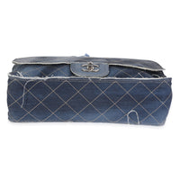 Chanel Blue Stitched Denim Jumbo Pom Pom Single Flap Bag