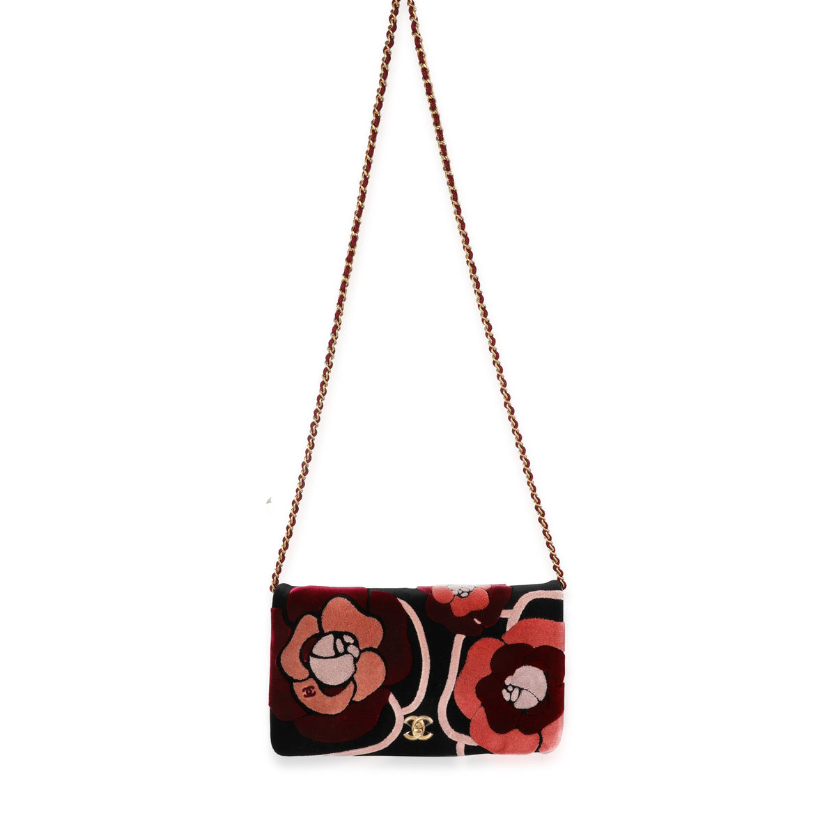 Chanel Black, Pink, & Red Velvet Camellia Clutch with Chain
