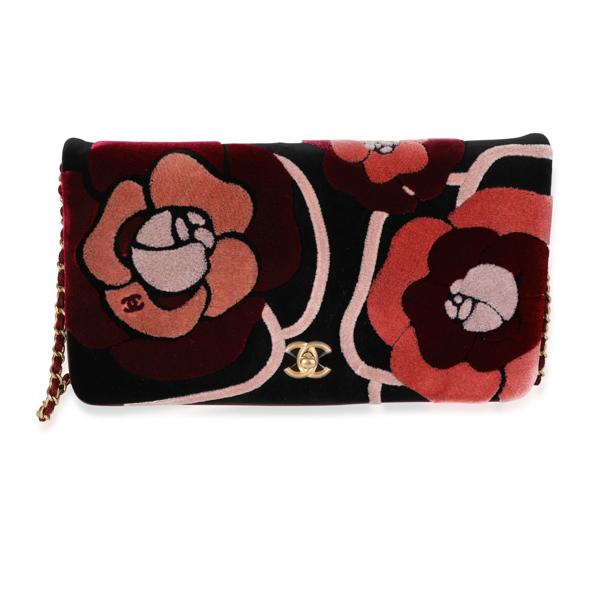 Chanel Black, Pink, & Red Velvet Camellia Clutch with Chain, myGemma, IT