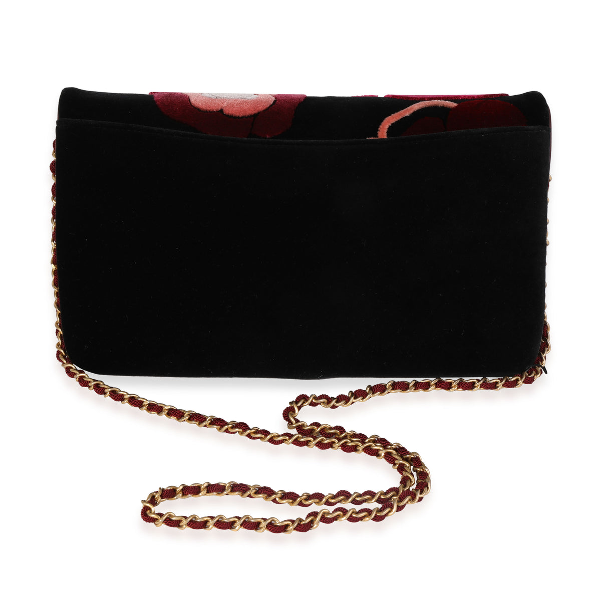 Chanel Black, Pink, Red Velvet Camellia Clutch with Chain