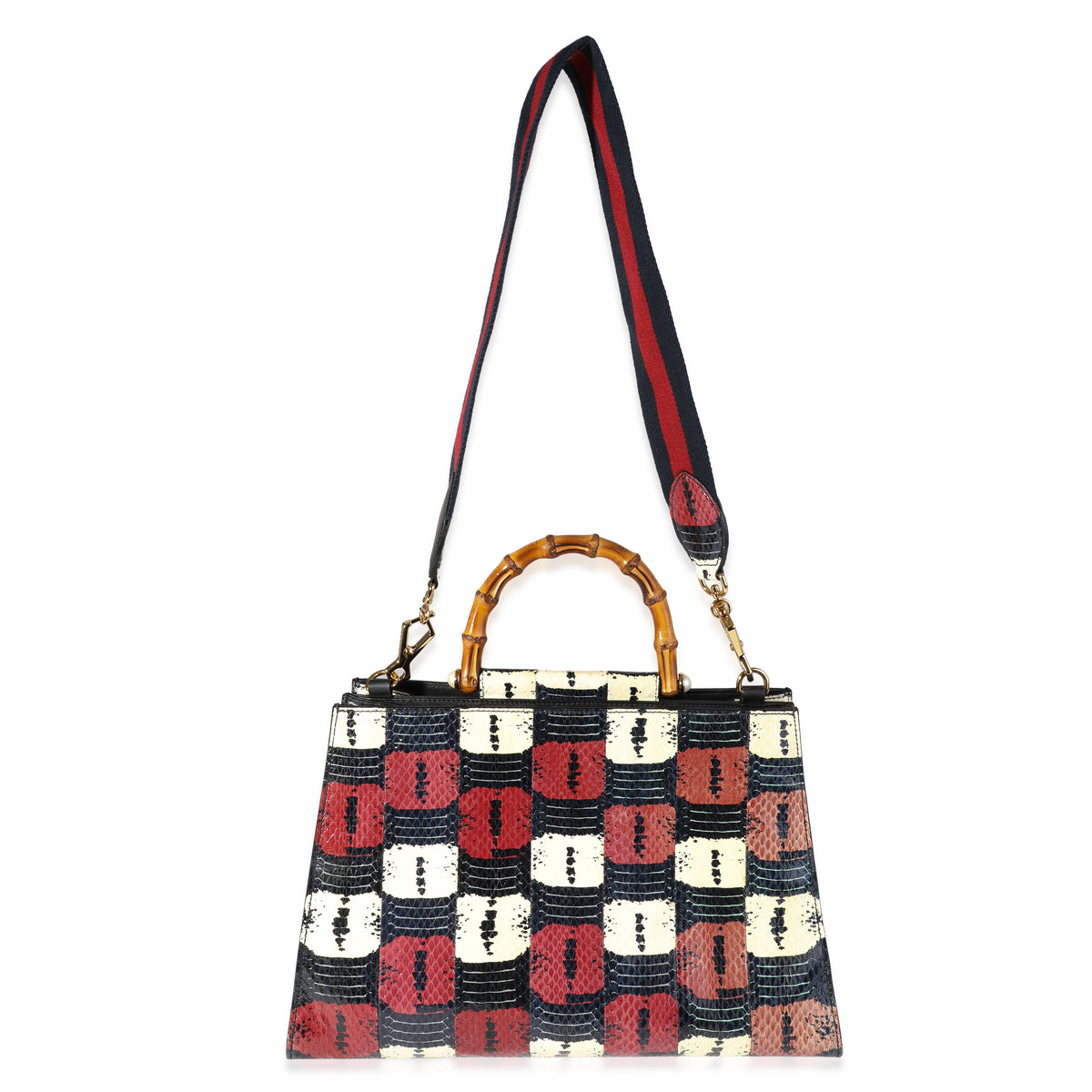 Gucci Red, White, & Blue Water Snake Large Nymphaea Bamboo Top Handle Bag